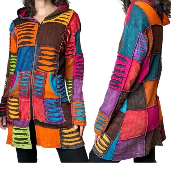 Boho Patchwork Hoodie Jacket Colorful Cotton Zip Up Handmade Nepal S/M Festival - Picture 1 of 9